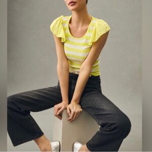Anthropologie Yellow Striped Ruffle Sleeve Top